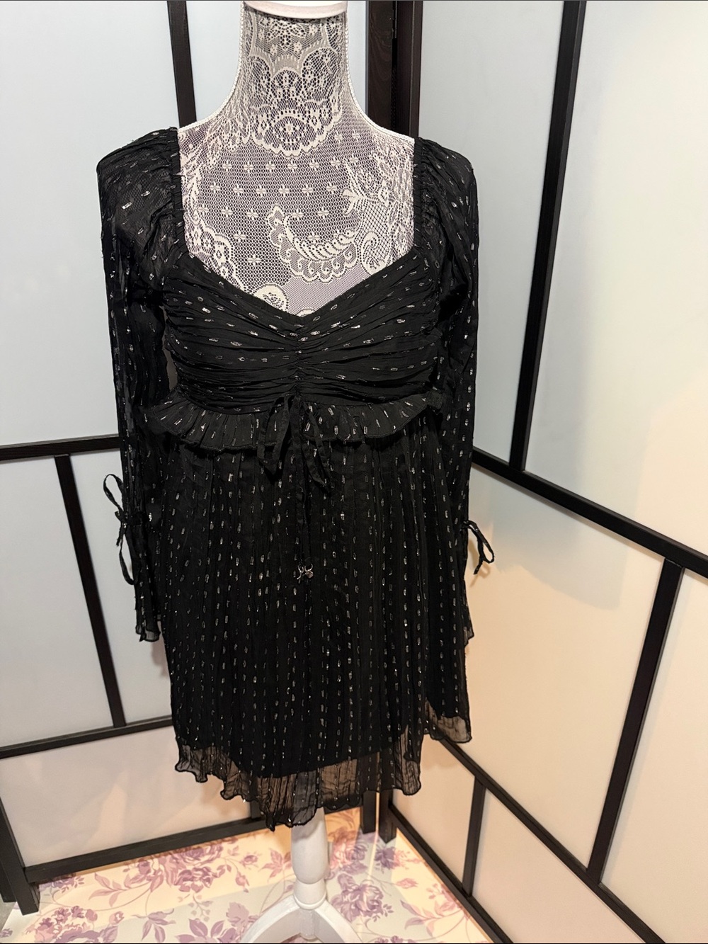 American Eagle Outfitters Black Long-Sleeve Peasant Tunic with Metallic Accents